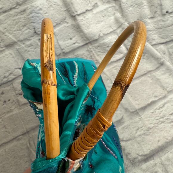 VTG Marlin Tropical Hawaiian Beaded Tote Handbag Purse Swordfish Bamboo Handles - Picture 13 of 16